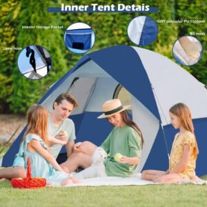 Four-person dome-shaped pole tent with double canopy