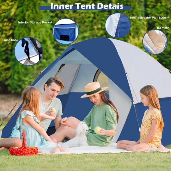 Four-person dome-shaped pole tent with double canopy